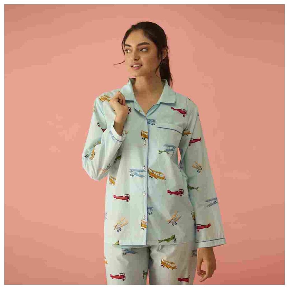 Little West Street - 2pc-Set - Women Planes Pyjama Set - Sky Blue