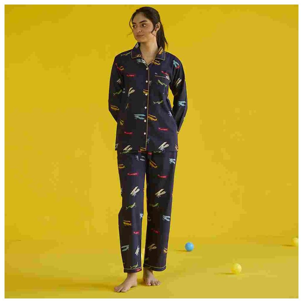 Little West Street - 2pc-Set - Women Vintage Planes Pyjama Set - Navy