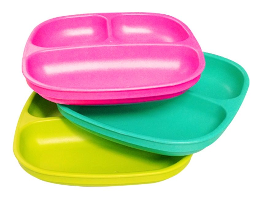 Re-Play - 3 Pack Divided Plates - Bright Pink, Aqua & Green