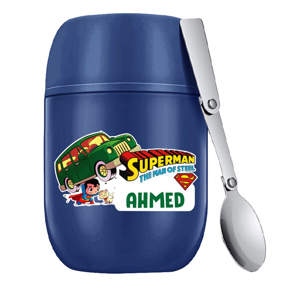 Essmak - Personalized Superman 1 Food Thermos With Spoon - Blue - 475 ml