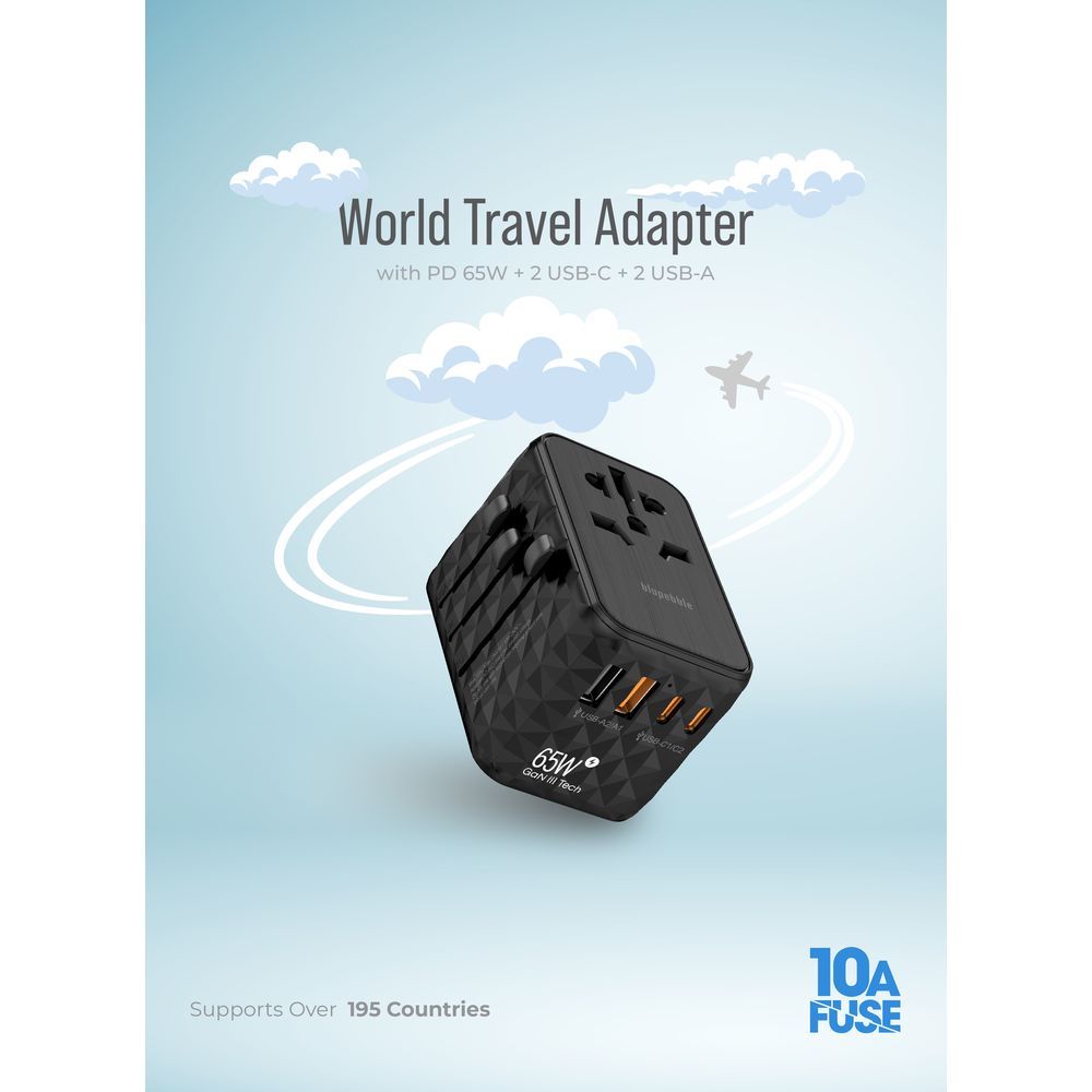 Blupebble - Passport 2.1 World Travel Adapter w/ 2 USB-C & 2 USB-A Ports - Black