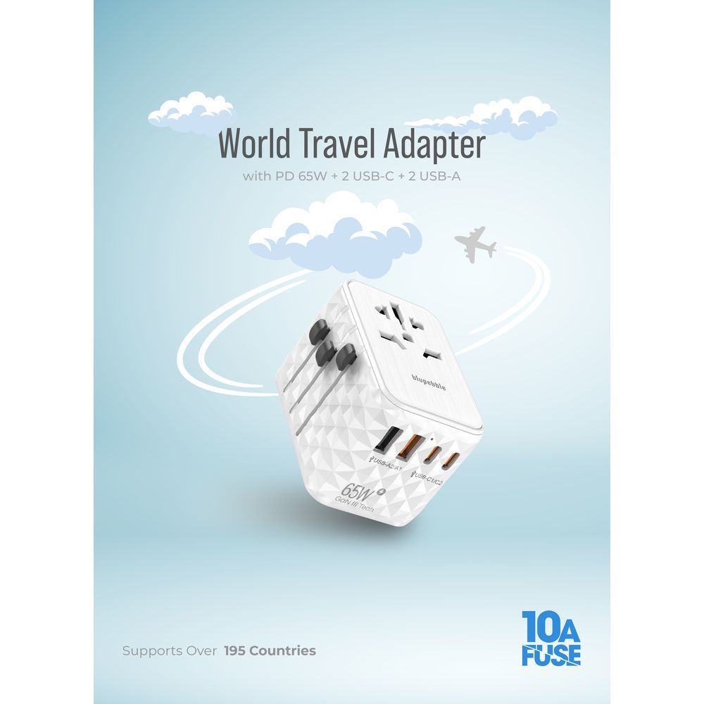 Blupebble - Passport 2.1 World Travel Adapter w/ 2 USB-C & 2 USB-A Ports - White