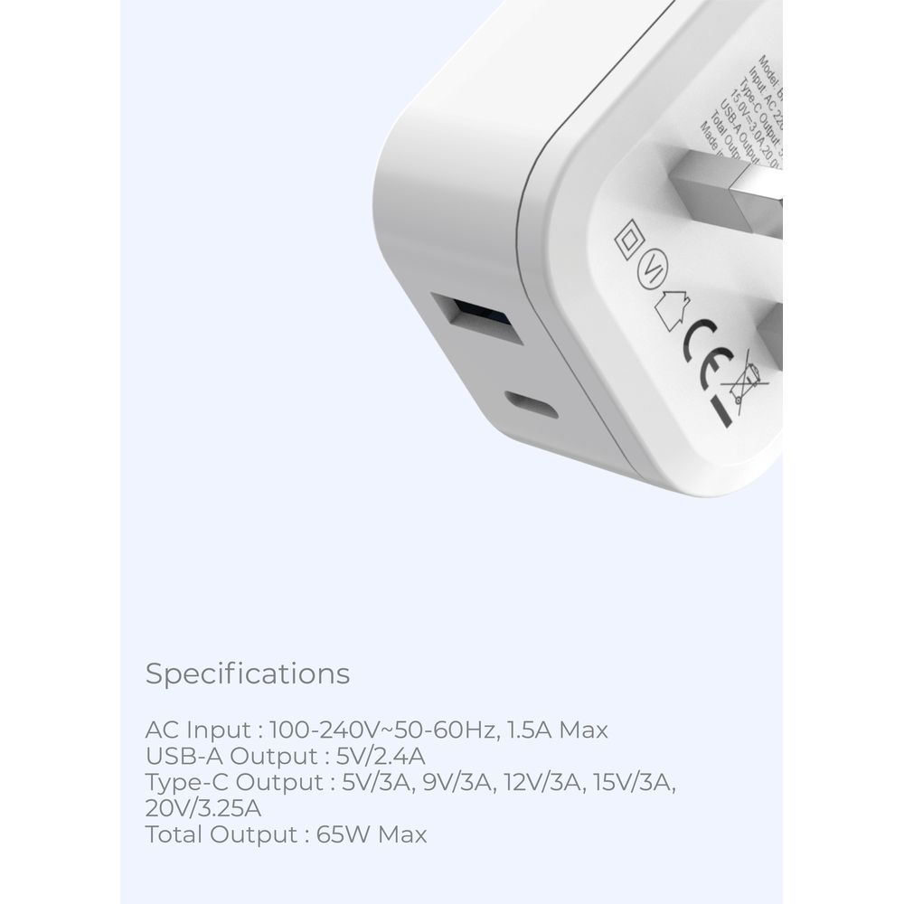 Blupebble - 2-Port PD Gan Fast Charger - 65W - White