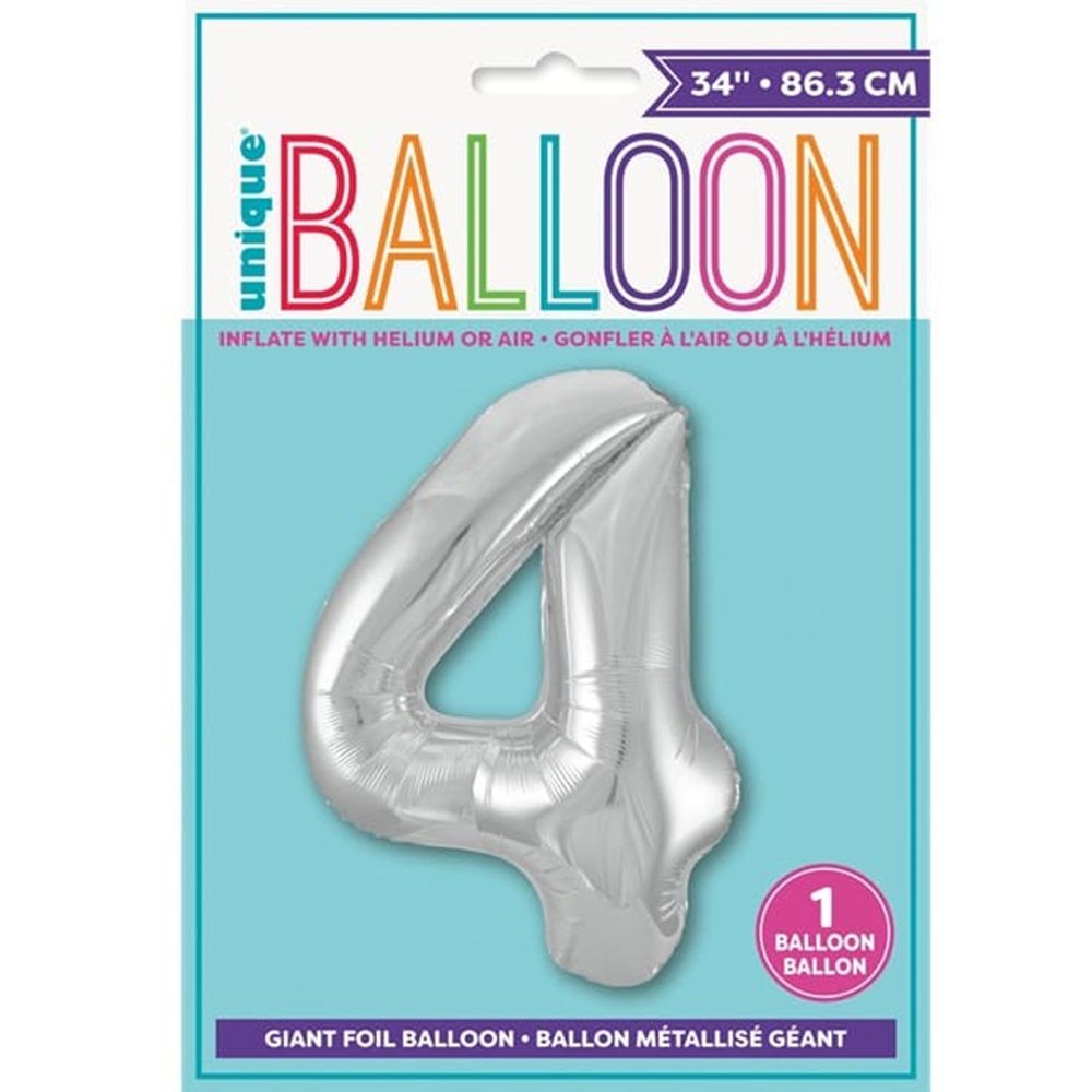 Unique - Number 4 Foil Balloon - Silver - 34-Inch