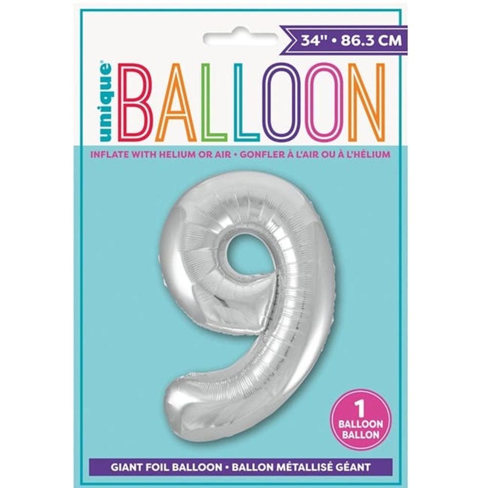 Unique - Number 9 Foil Balloon - Silver - 34-Inch