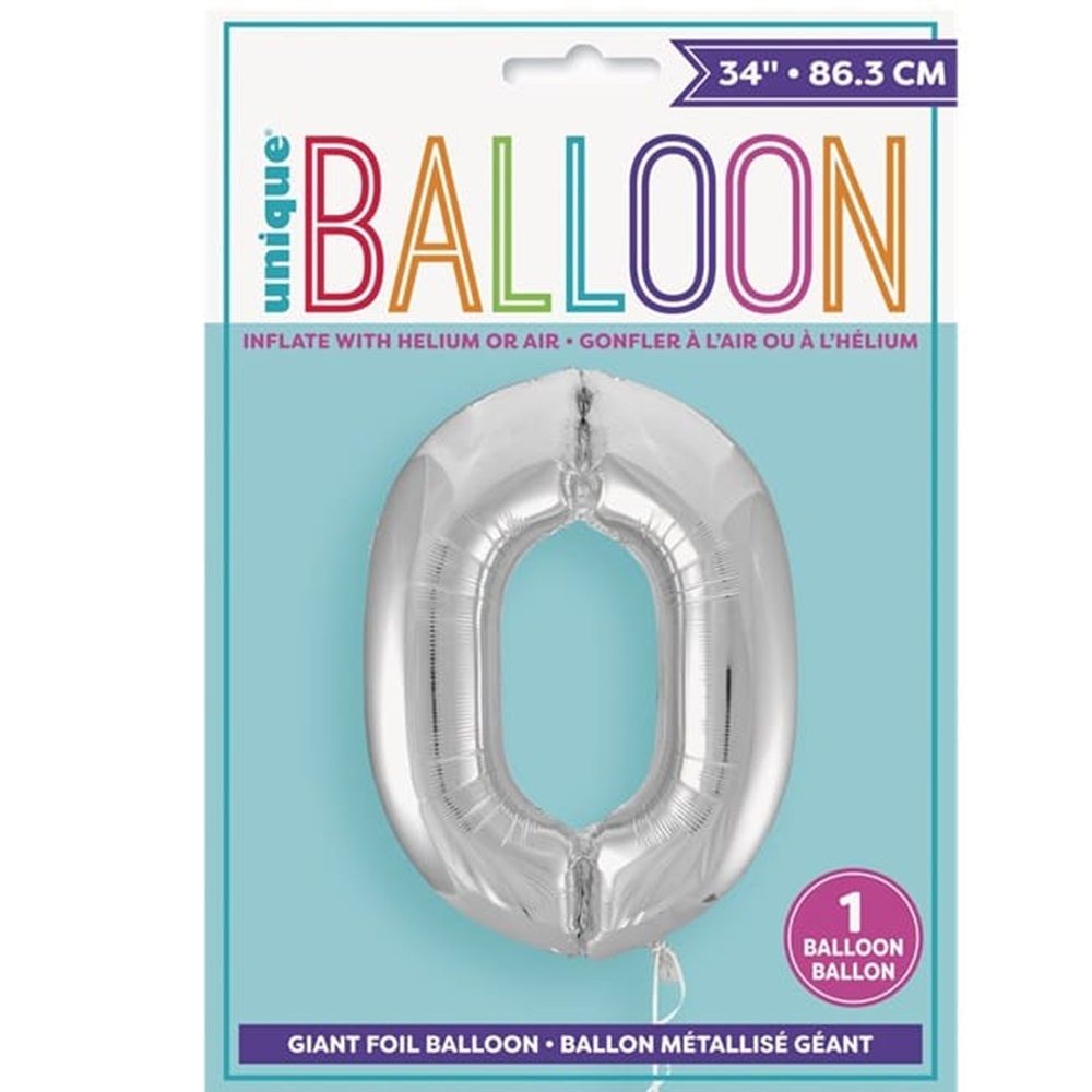 Unique - Number 0 Foil Balloon - Silver - 34-Inch