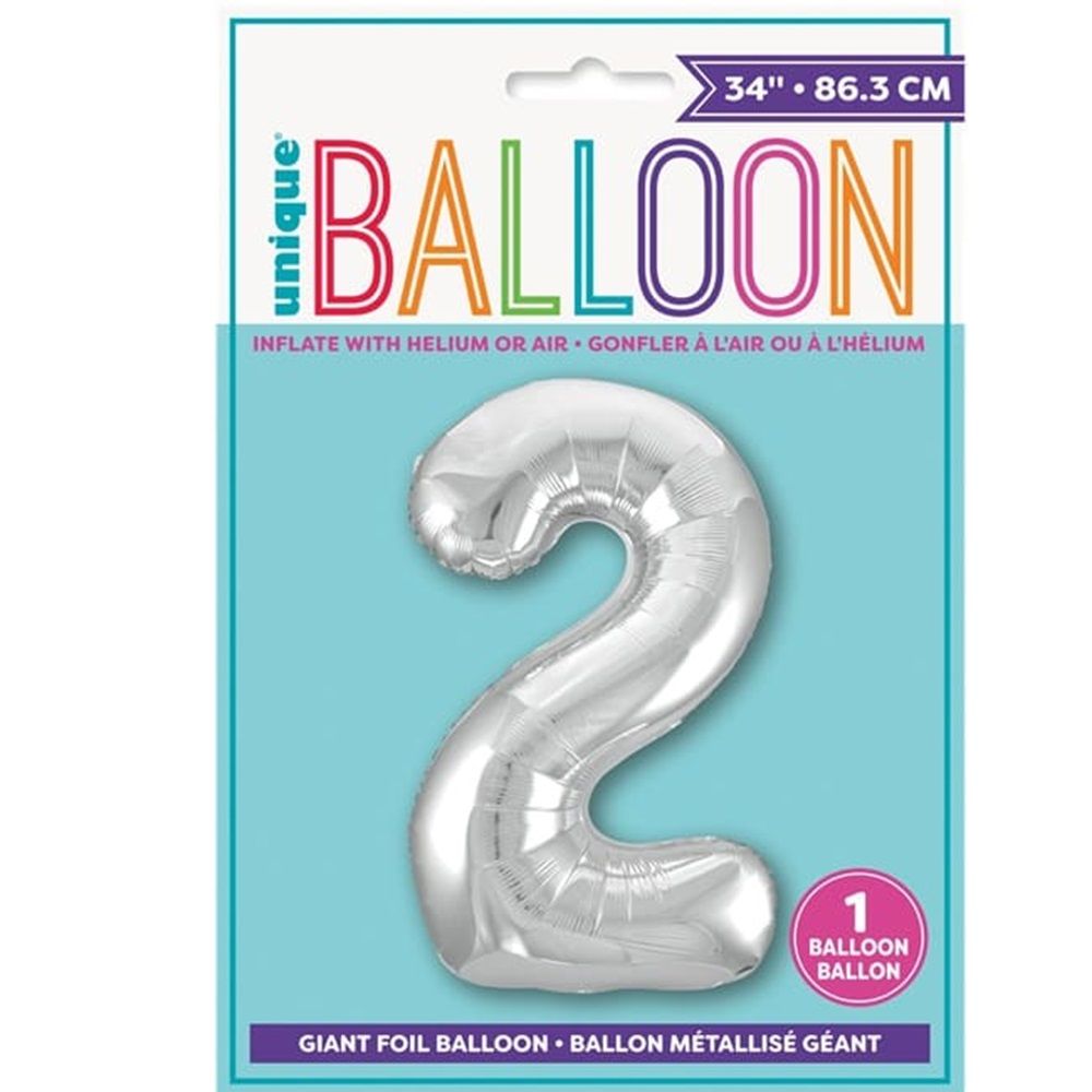 Unique - Number 2 Foil Balloon - Silver - 34-Inch