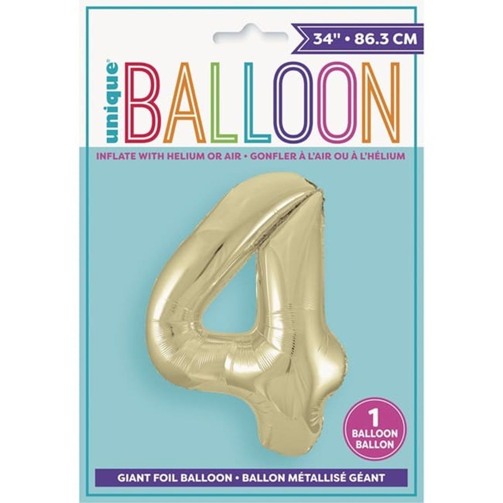 Unique - Number 4 Foil Balloon - Gold - 34-Inch