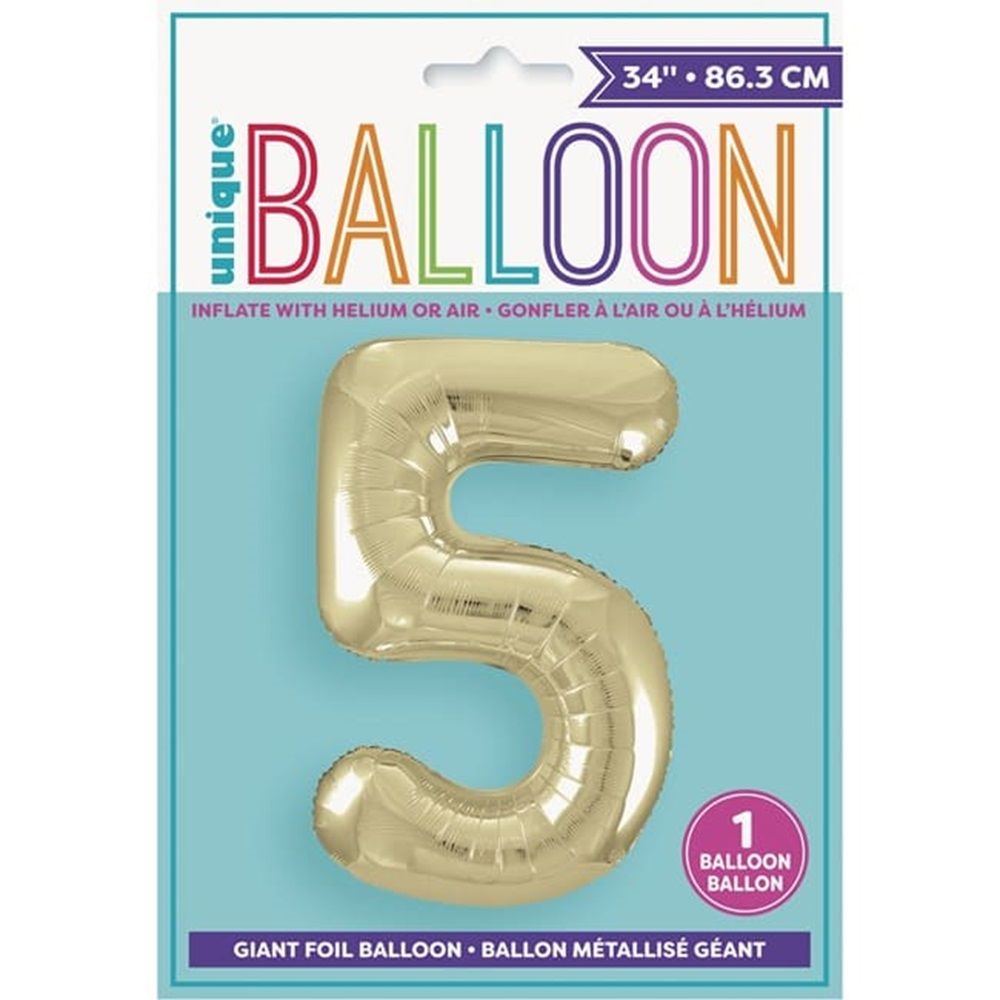 Unique - Number 5 Foil Balloon - Gold - 34-Inch