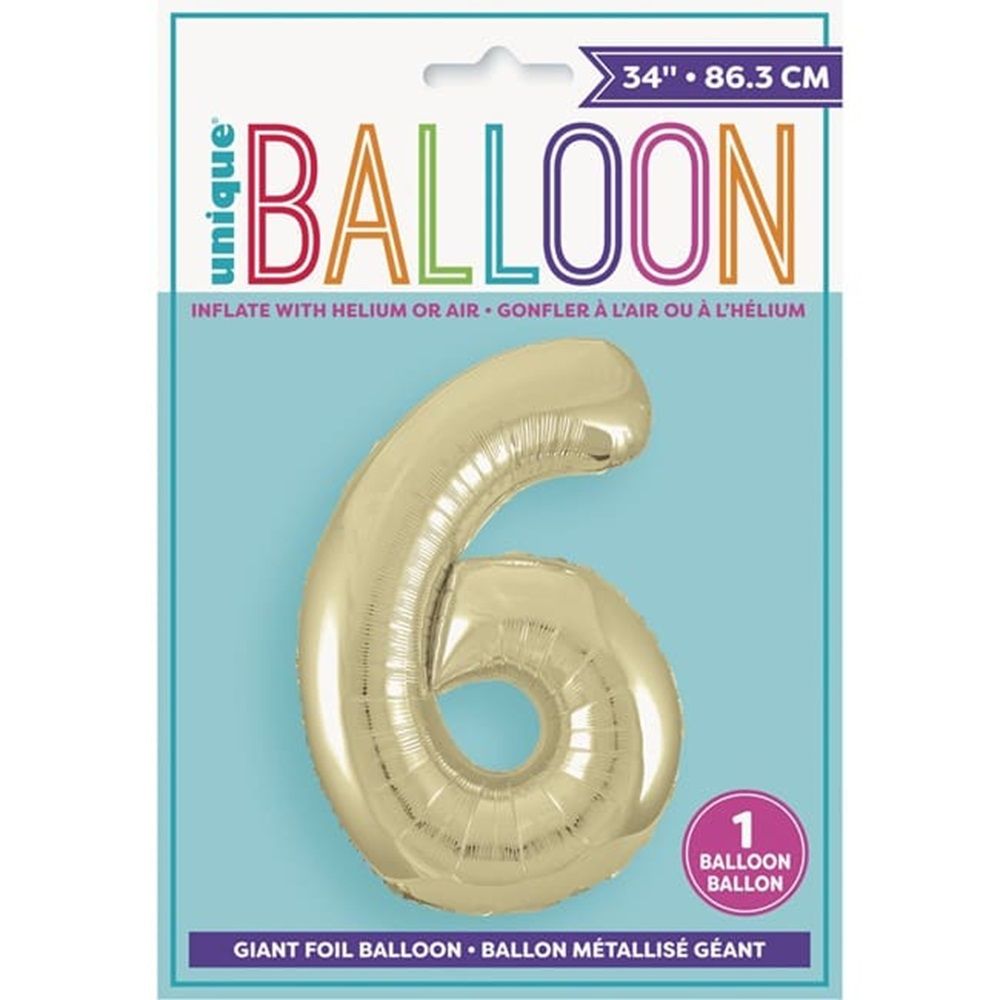 Unique - Number 6 Foil Balloon - Gold - 34-Inch