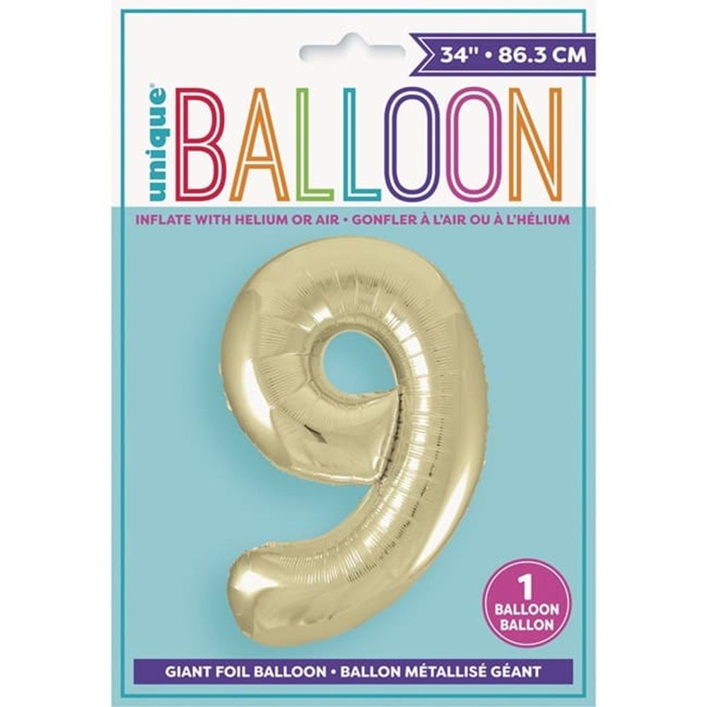 Unique - Number 9 Foil Balloon - Gold - 34-Inch