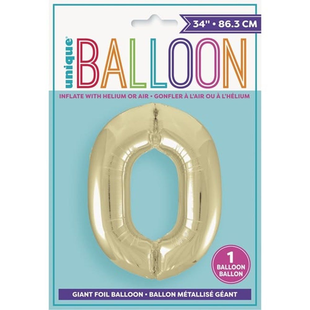 Unique - Number 0 Foil Balloon - Gold - 34-Inch