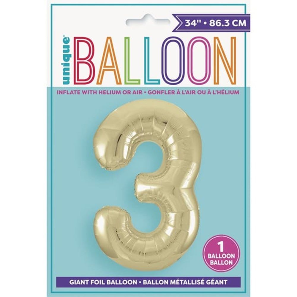 Unique - Number 3 Foil Balloon - Gold - 34-Inch