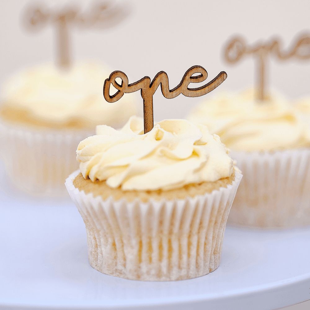 Ginger Ray - Wooden 'One' 1st Birthday Cupcake Toppers 6 Pcs