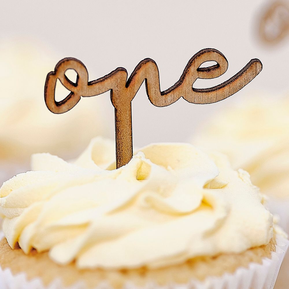 Ginger Ray - Wooden 'One' 1st Birthday Cupcake Toppers 6 Pcs