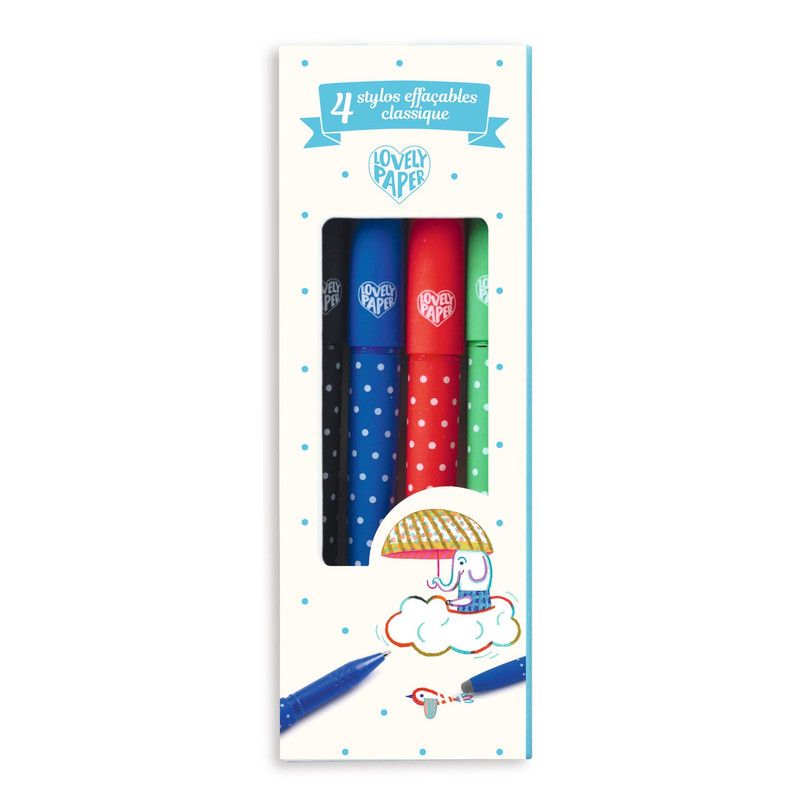 Djeco - Classic Erasable Pens W/ Clip Caps & Erasers - 4pcs