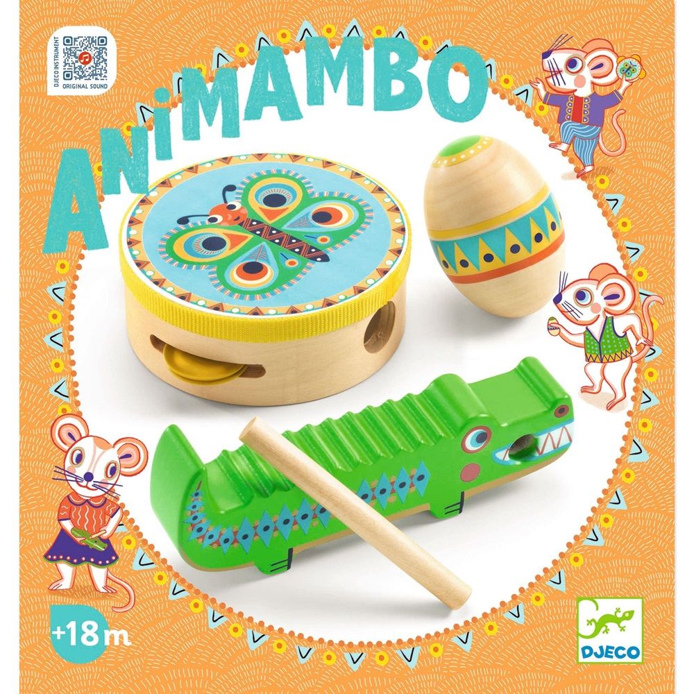 Djeco - Animambo Tambourine, Maracas And Guiro Musical Toy Set - 4pcs