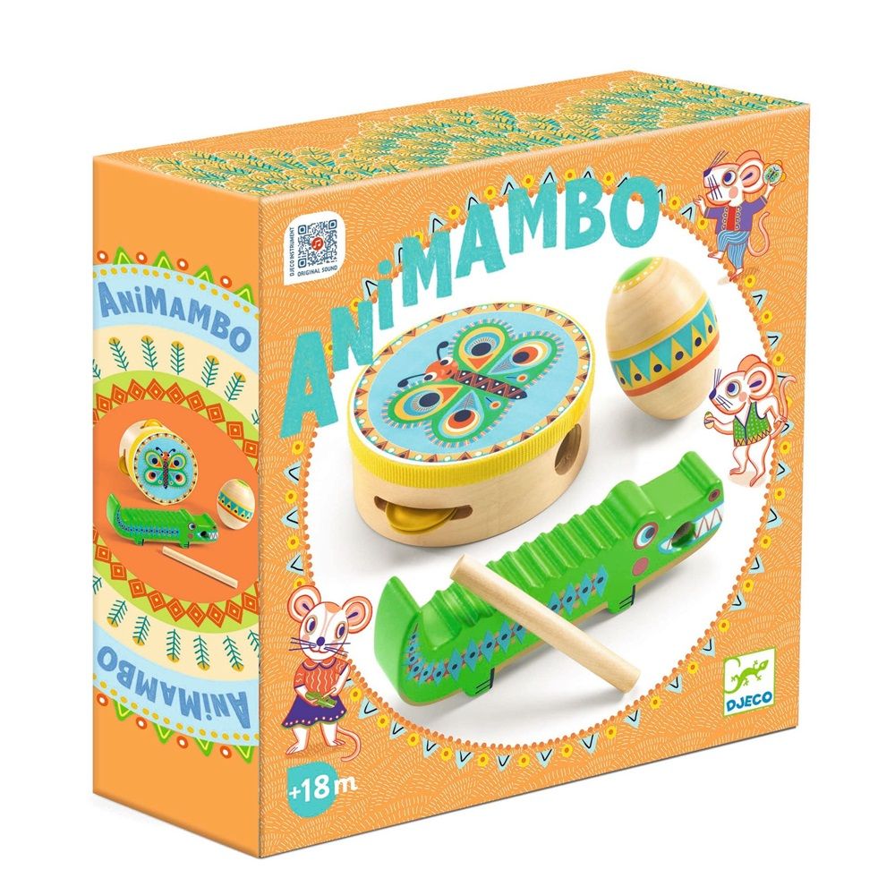 Djeco - Animambo Tambourine, Maracas And Guiro Musical Toy Set - 4pcs