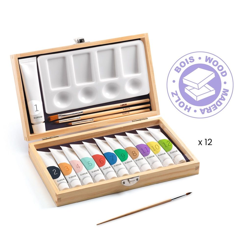 Djeco - Gouaches Artist's Box Draw And Paint Kit - 12pcs