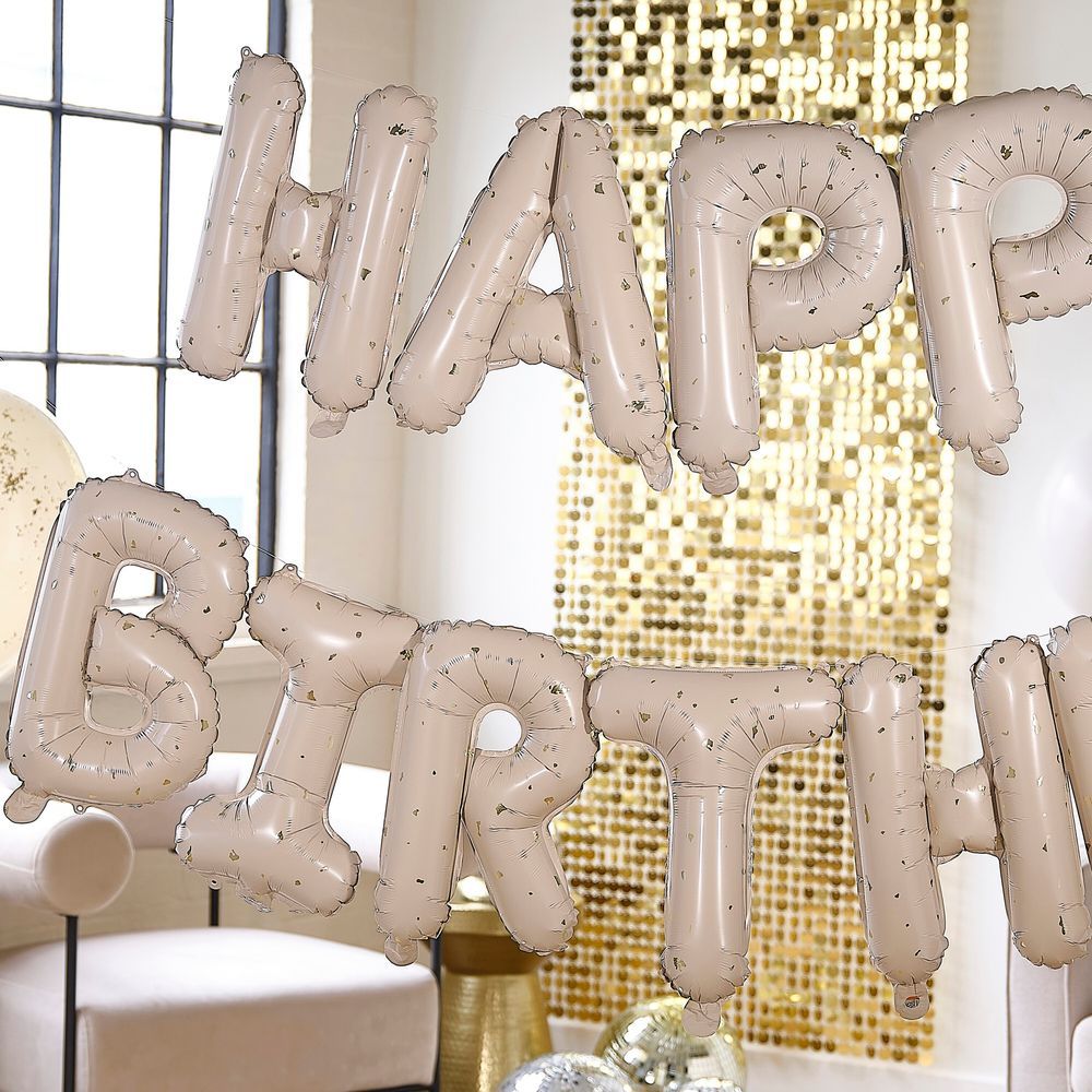 Ginger Ray - Nude & Gold Speckle Happy Birthday Balloon Bunting