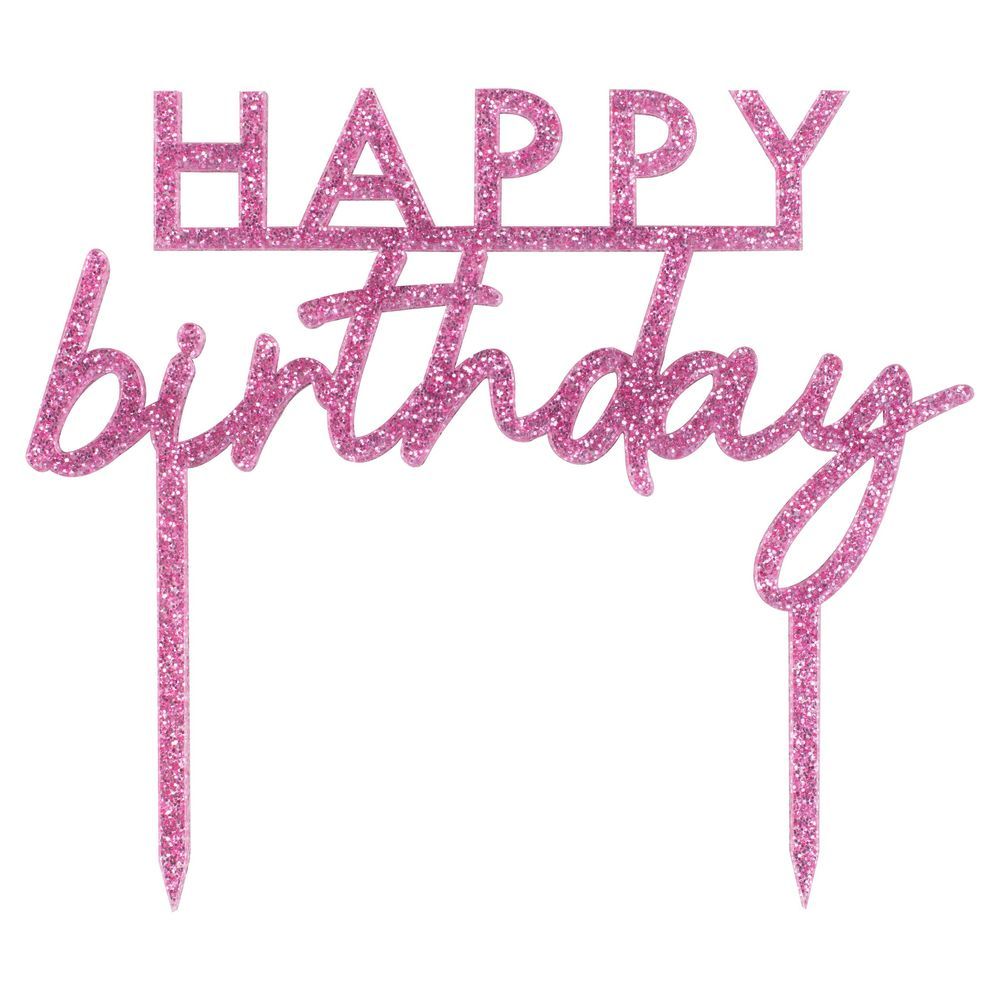 Ginger Ray - Glitter Acrylic Happy Birthday Cake Topper - Pink