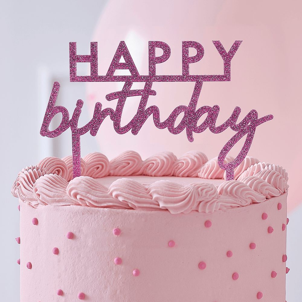 Ginger Ray - Glitter Acrylic Happy Birthday Cake Topper - Pink