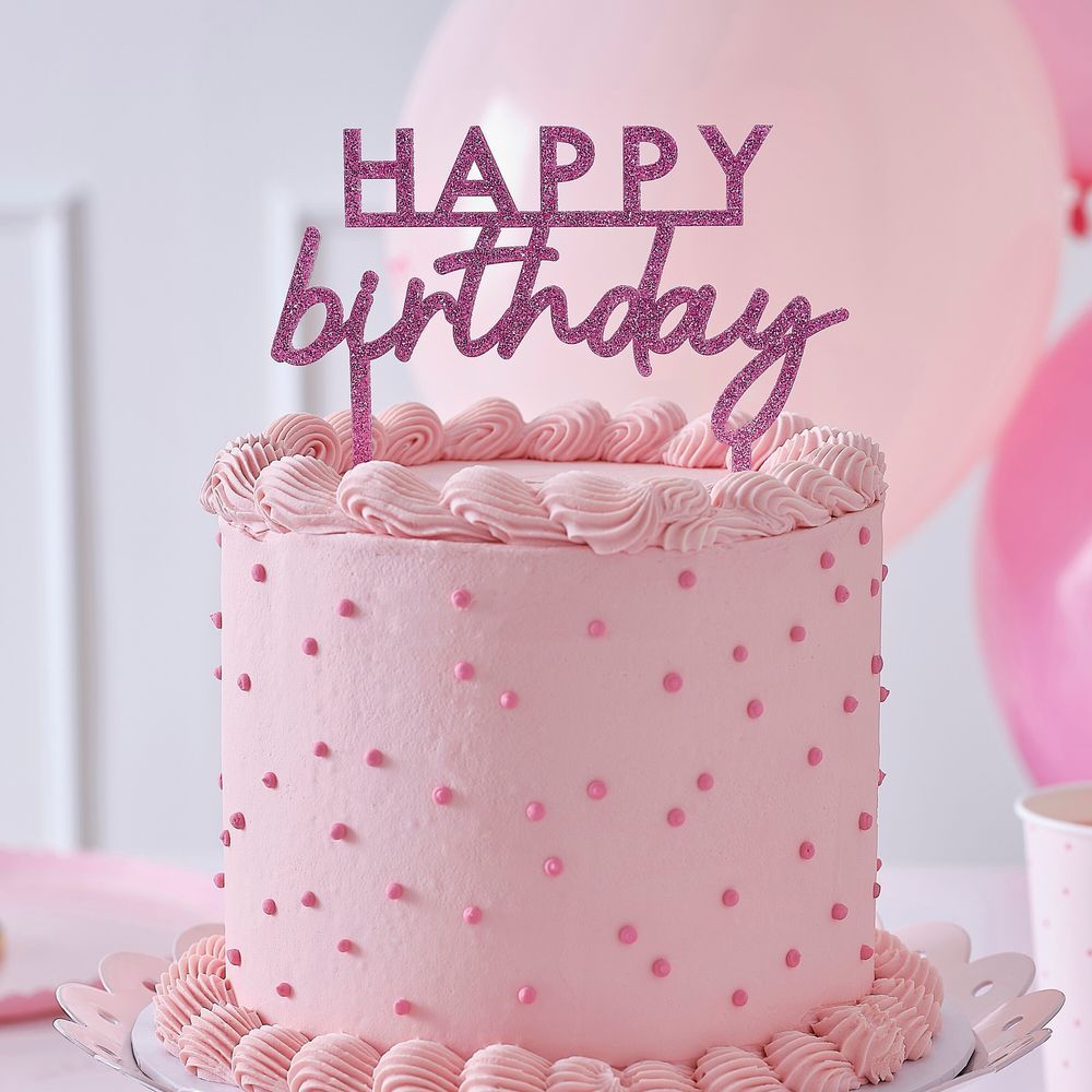 Ginger Ray - Glitter Acrylic Happy Birthday Cake Topper - Pink