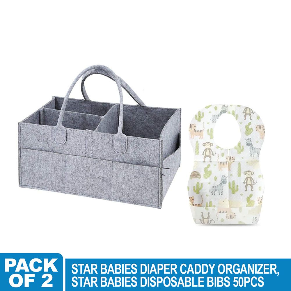 Star Babies - Diaper Caddy With Disposable Bibs - Grey - 50pcs