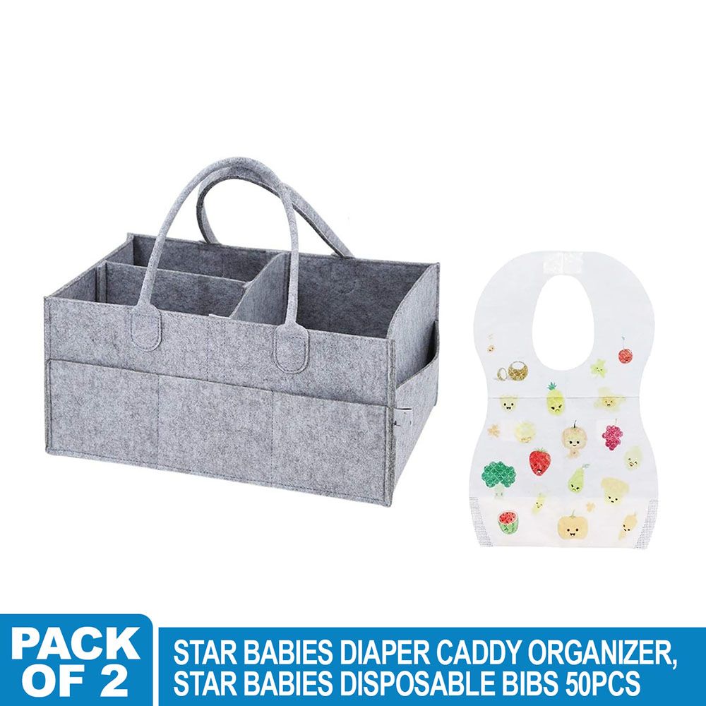 Star Babies - Disposable Bibs - 50pcs With Diaper Caddy - Grey