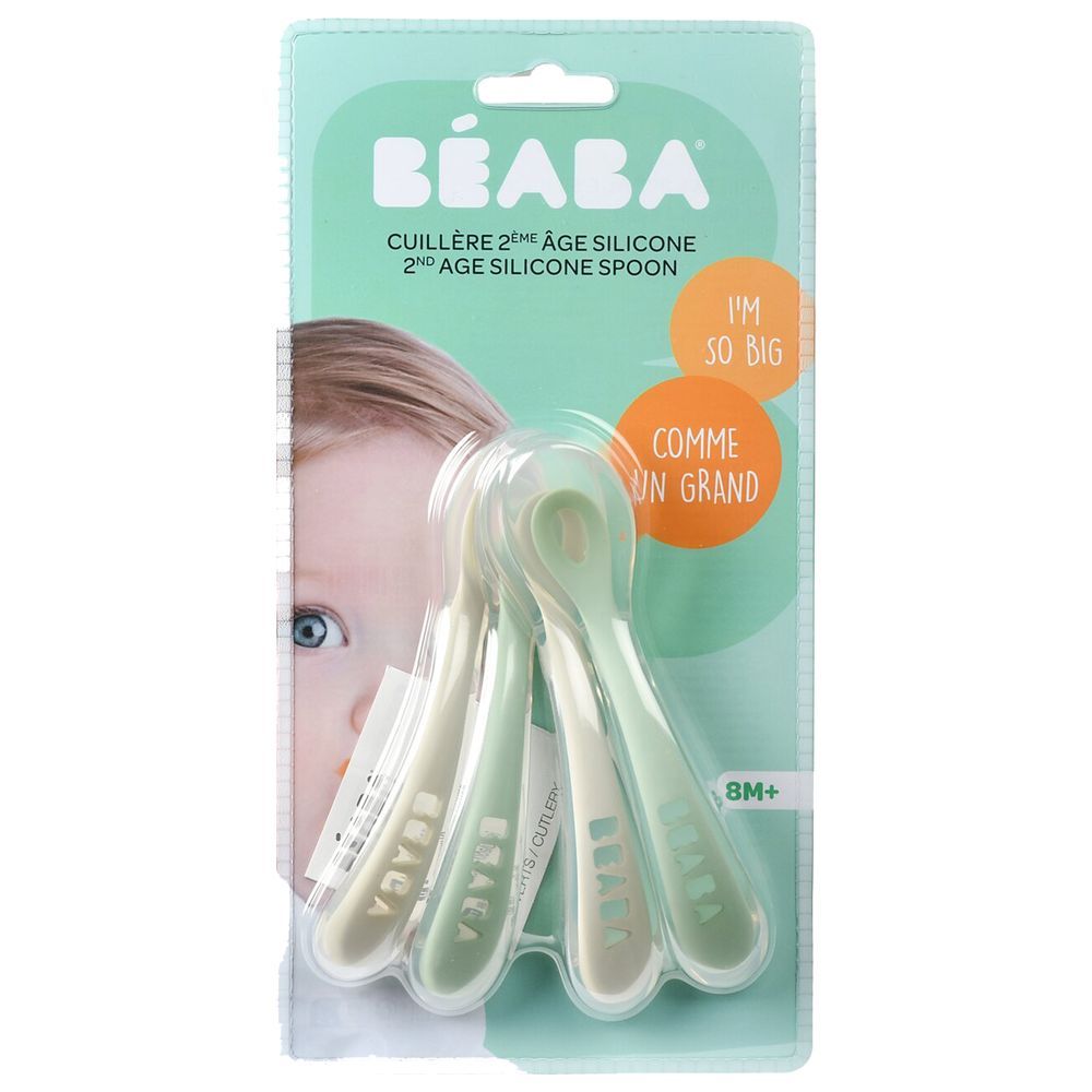 Beaba - 2nd Age Silicone Baby Spoons - Grey/Sage - Pack of 4