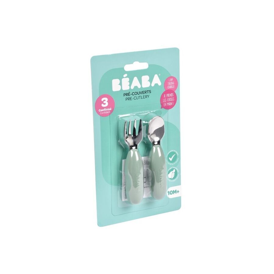 Beaba - Pre-Cutlery Spoon And Fork Set - Sage Green - 2pcs