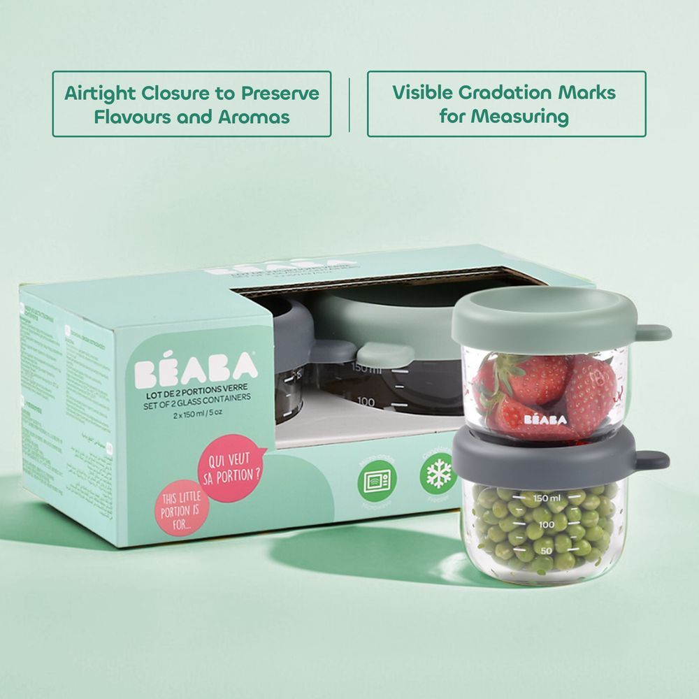 Beaba - Glass Baby Food Jars 150ml - Mineral/Sage - Pack of 2