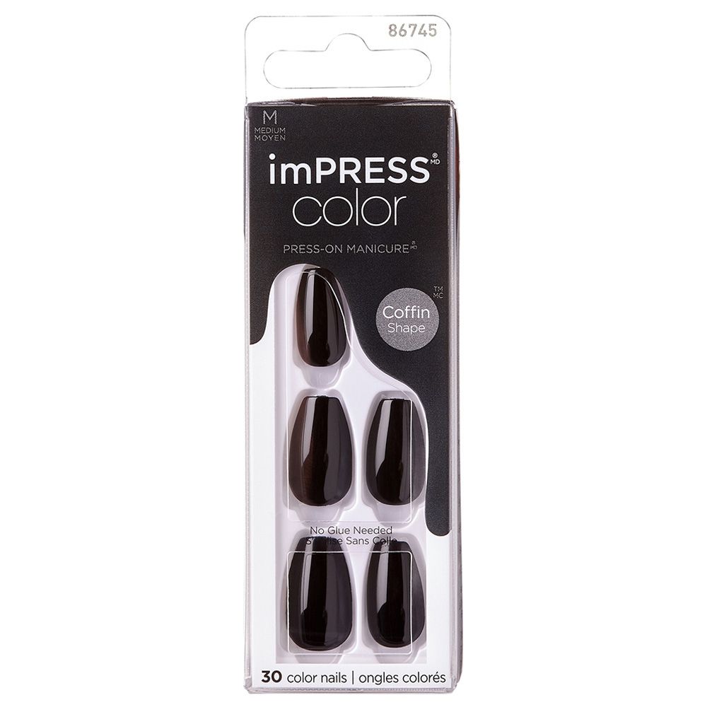 Kiss - Impress Color Coffin Shaped Nails - All Black - M - 30pcs