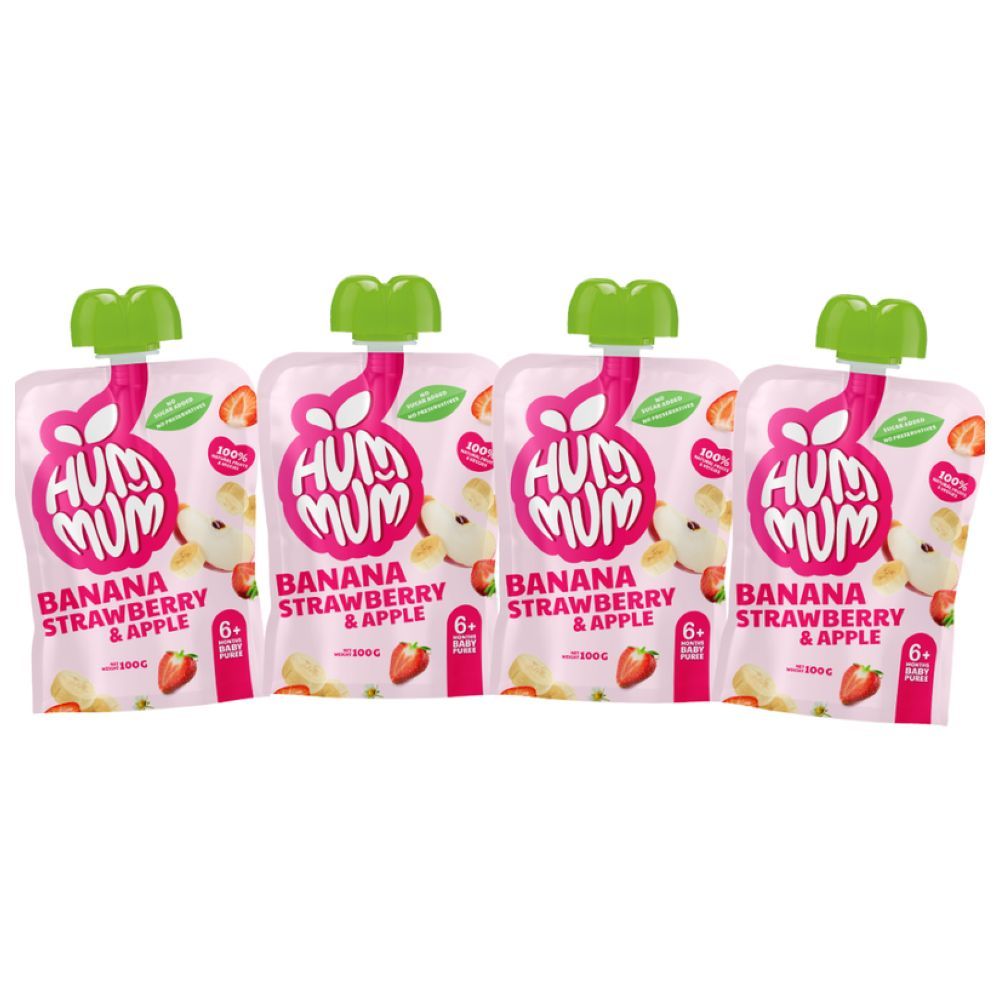 Hummum - Baby Puree Pouches - Strawberry, Apple & Banana - Pack of 4 - 100 gm