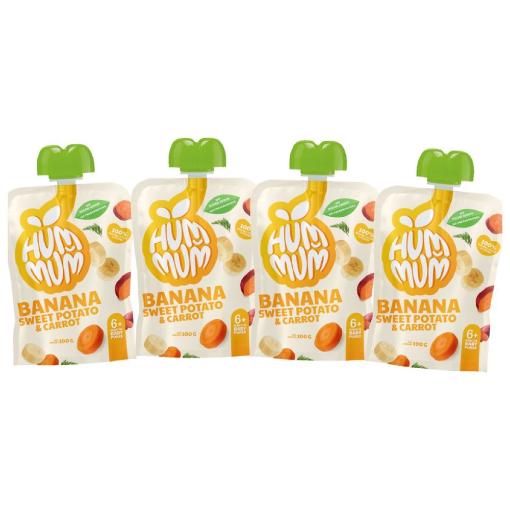 Hummum - Baby Puree Pouches - Banana, Sweet Potato & Carrot - Pack of 4 - 100 gm