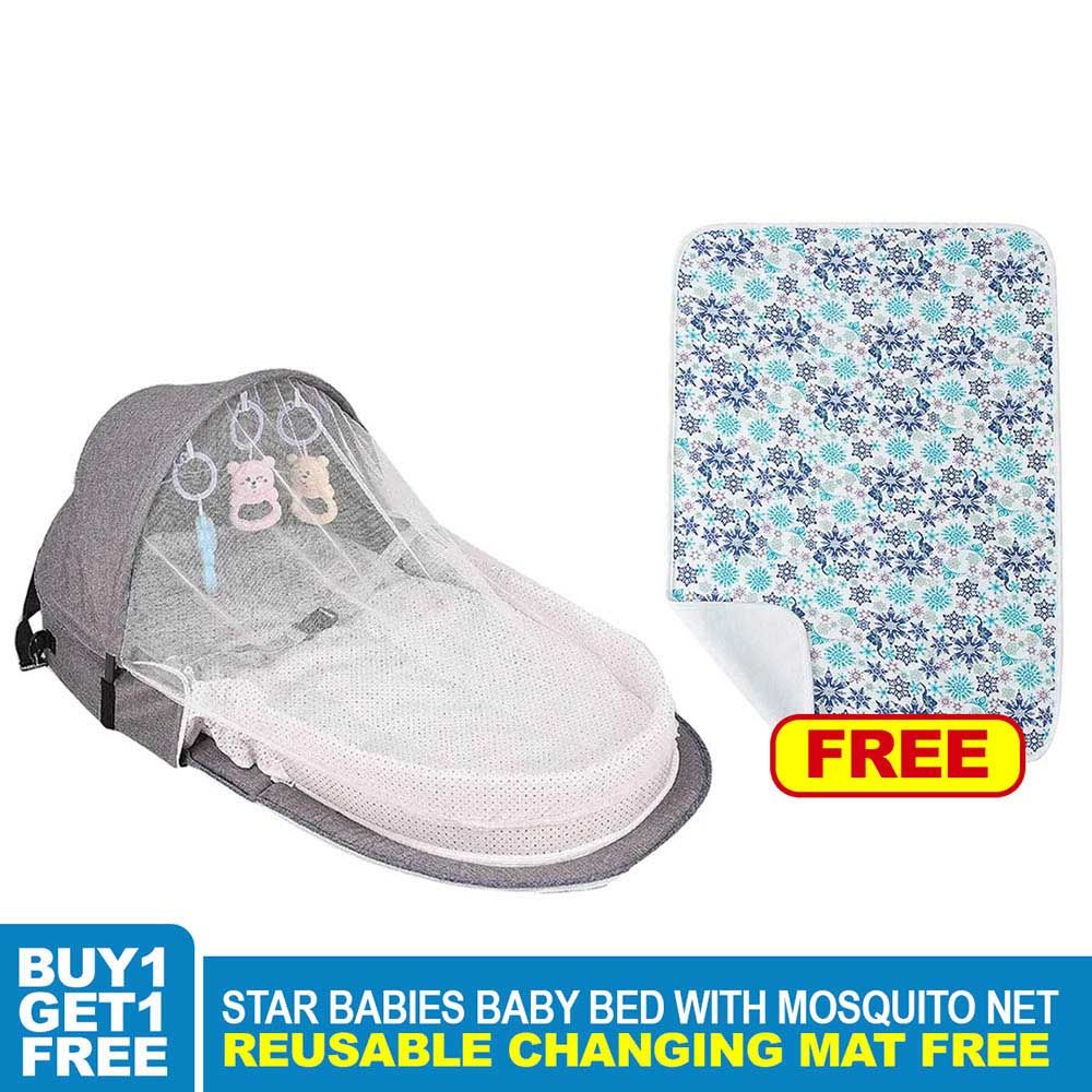 Star Babies - Baby Bed With Mosquito Net And Reusable Changing Mat - Grey