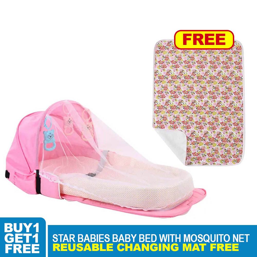 Star Babies - Baby Bed With Mosquito Net - Pink With Reusable Changing Mat