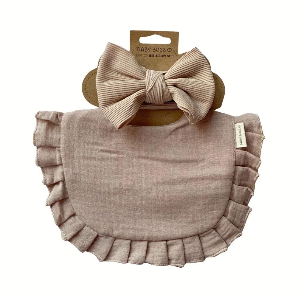 Baby Boss - Cotton Bib And Headband Bow Set - Beige