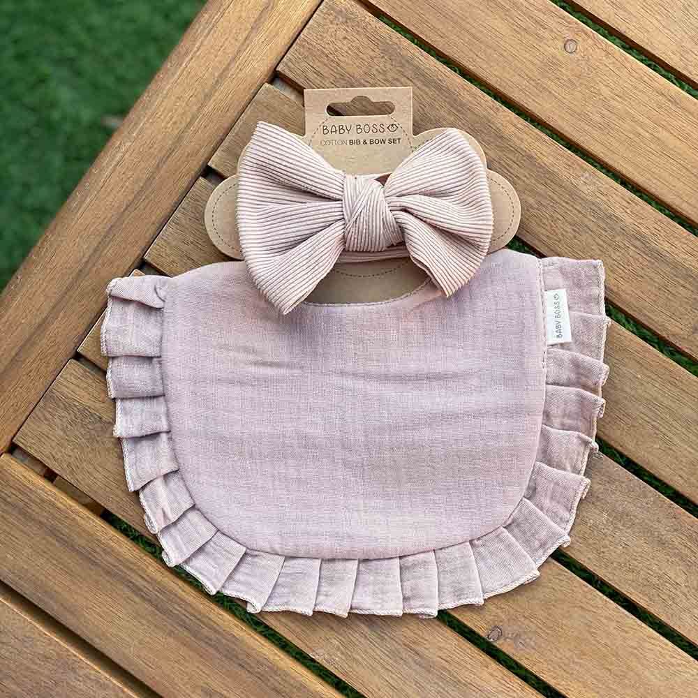 Baby Boss - Cotton Bib And Headband Bow Set - Beige