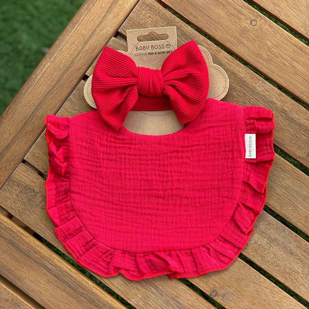 Baby Boss - Cotton Bib And Headband Bow Set - Red