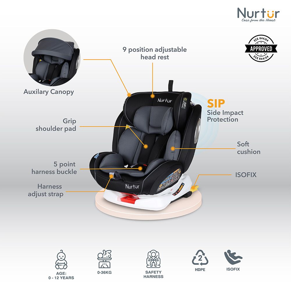 Nurtur - 4-In-1 Ultra Baby Car Seat Isofix 9 w/ Canopy - Black