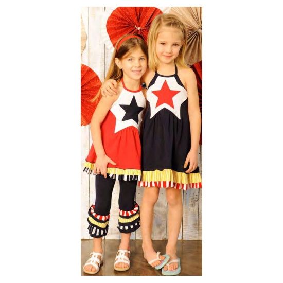 Twirls and Twigs Firecracker Navy/Yellow/White/Red Star Halter Top with Ruffle Bottom Dress