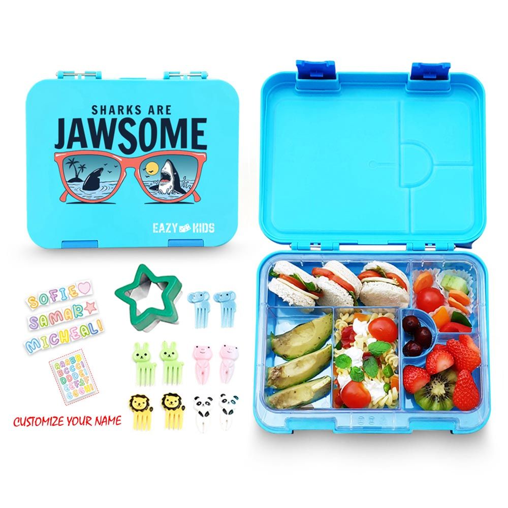 Eazy Kids - 6 Compartment Bento Box w/ Lunch Bag & Food Jar - Blue