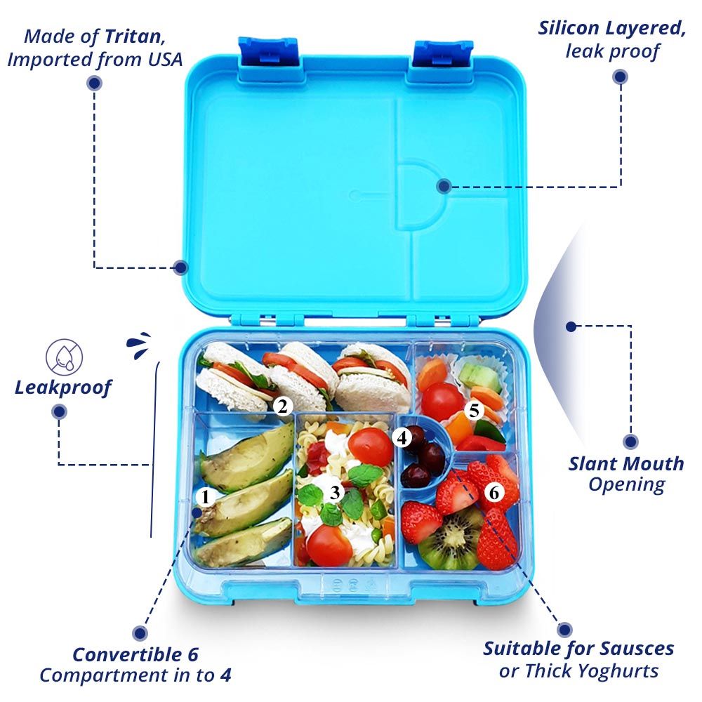 Eazy Kids - 6 Compartment Bento Box w/ Lunch Bag & Food Jar - Blue