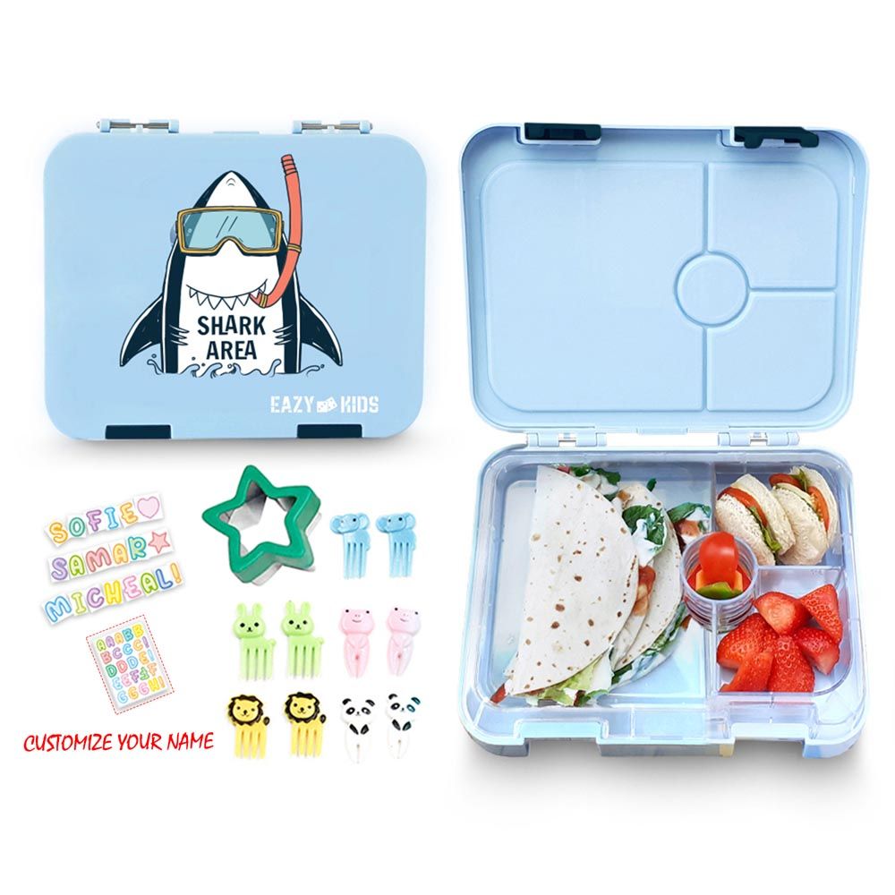 Eazy Kids - 4 Compartment Bento Box w/ Lunch Bag & Food Jar  - Shark