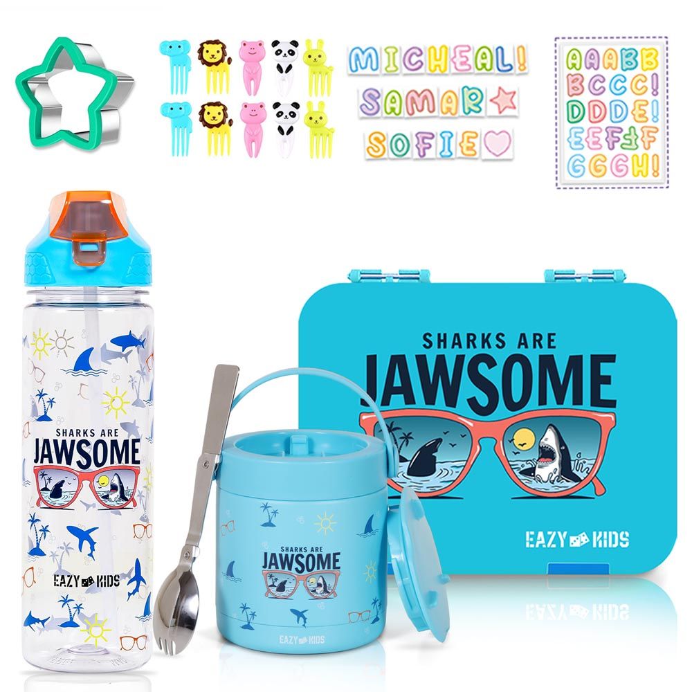 Eazy Kids - 6 Compartment Bento Box w/ Water Bottle & Food Jar - Jawsome