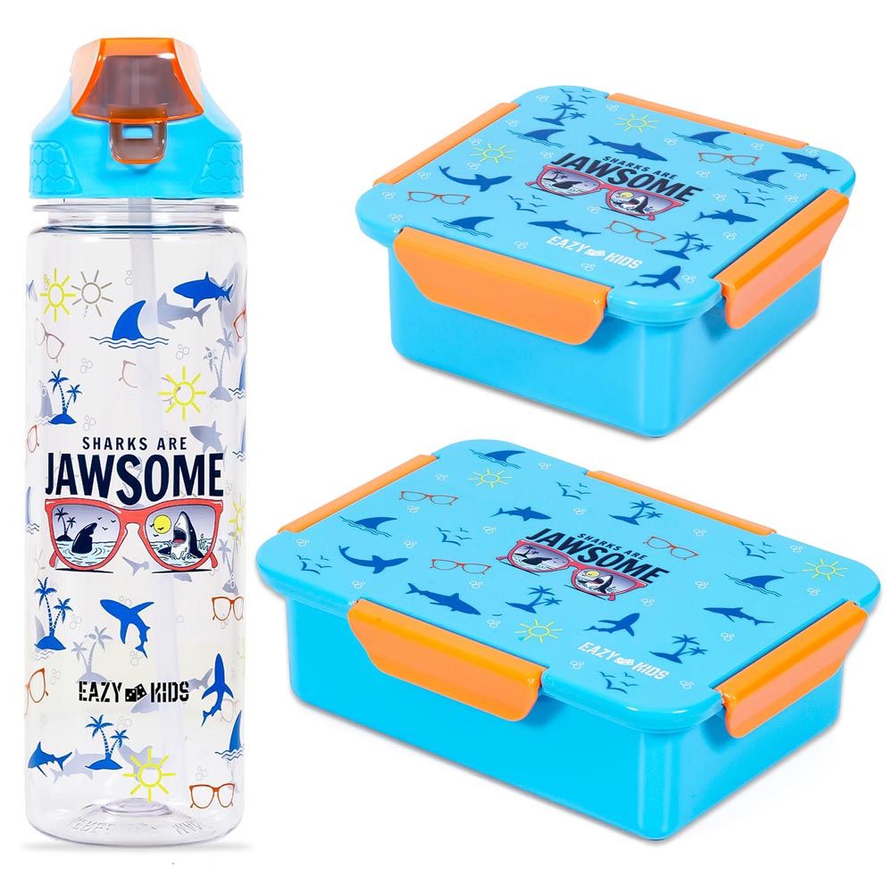 Eazy Kids - Lunch Box Set, Water Bottle & Drinking Flip Lid & Sipper - Jawsome