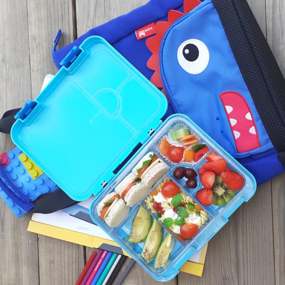 Eazy Kids - 6 Compartment Bento Lunch Box w/ Lunch Bag - Dinosaur Blue