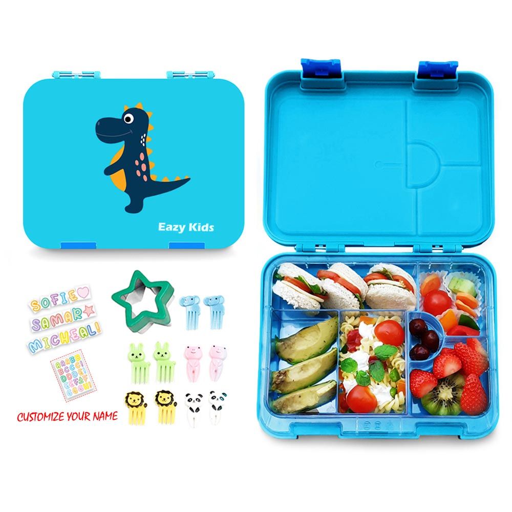 Eazy Kids - 6 Compartment Bento Lunch Box w/ Lunch Bag - Dinosaur Blue