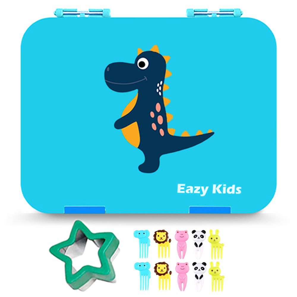 Eazy Kids - 6 Compartment Bento Lunch Box w/ Lunch Bag - Dinosaur Blue